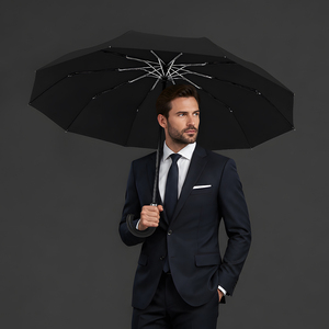 Parapluie pliant automatique en cuir PU avec poignée incurvée, ouverture automatique, pour affaires, diamètre 104 cm, 10 baleines, personnalisable, 3 plis, avec logo - Product Image 4