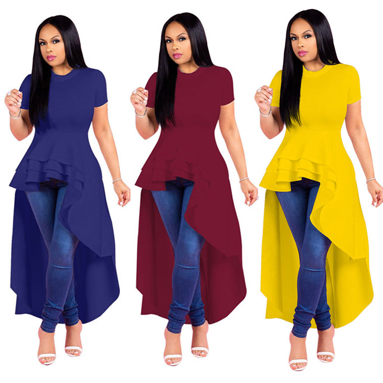 Лидер продаж, женское асимметричное платье с коротким рукавом и баской, Повседневное платье с оборками