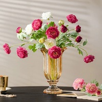 Bunga Tiruan Rulian 3-Head Dew Lotus Foreign Peony dari Kain dengan Teknik Flocking dan Embossing Ramah Lingkungan, Warna/Ukuran Dapat Disesuaikan