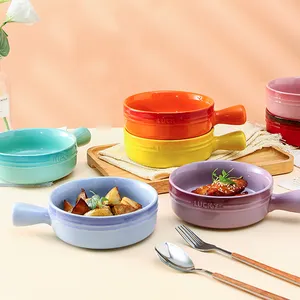 핫 잘 팔리는 Handle bowl 샐러드 라면 식기 luxury 식기류 rainbow 색 수 제 건강한 베이킹 bowl 싼 디너 set