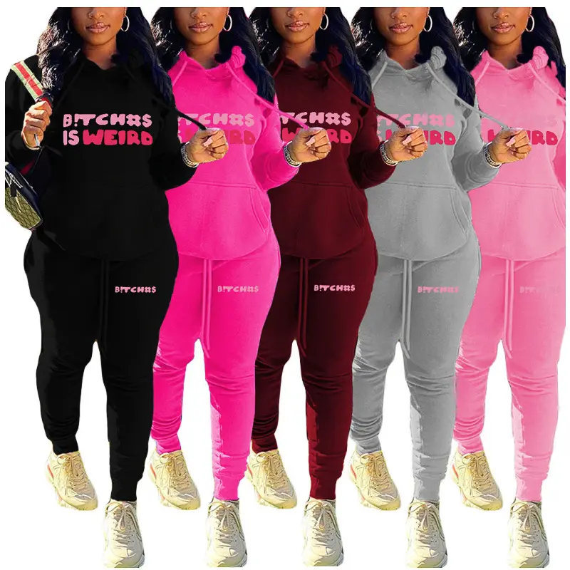 Letter Print Women Loose Tracksuit Female Pocket Hooded Pullover & Sweater Pants Suit Two Piece Fall Winter Lady Jogger Suit