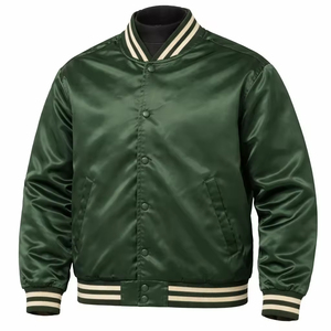 <b>Men's</b> Green Varsity <b>Jacket</b> Solid Color Polyester Casual Style Turn-down Collar Button Closure Autumn Wear Regular Fit - Product Image 1