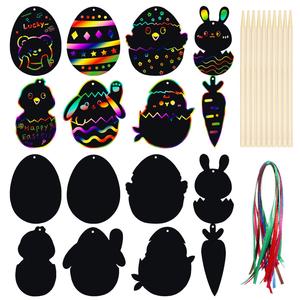 Kit de 8 piezas de adornos de conejo de Pascua para rascar con efecto arcoíris, de papel artístico, con cinta y punzón, para manualidades, regalos y detalles de fiesta de Pascua - Product Image 1