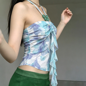 Haut Halter Perlé à Imprimé Floral pour Vacances à la Plage, Dos Nu en Maille, Coupe Ajustée avec Rubans, pour Femme - Product Image 4