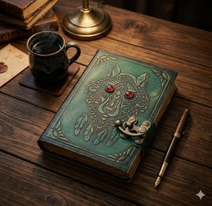 Handmade Green Leather Wolf Journal with <b>Lock</b> Vintage Rustic <b>Diary</b>, Unique Gift Notebook (7x5”) - Product Image 2