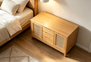 Modern Solid Wood Living Room Cabinet with 3 Drawers and Woven Panel Doors Scandinavian Design Storage Furniture - Product Image 3