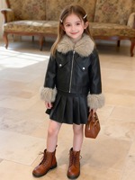 Ensemble de mode automne-hiver pour enfants, veste courte en PU à col en fourrure et jupe plissée pour séance photo