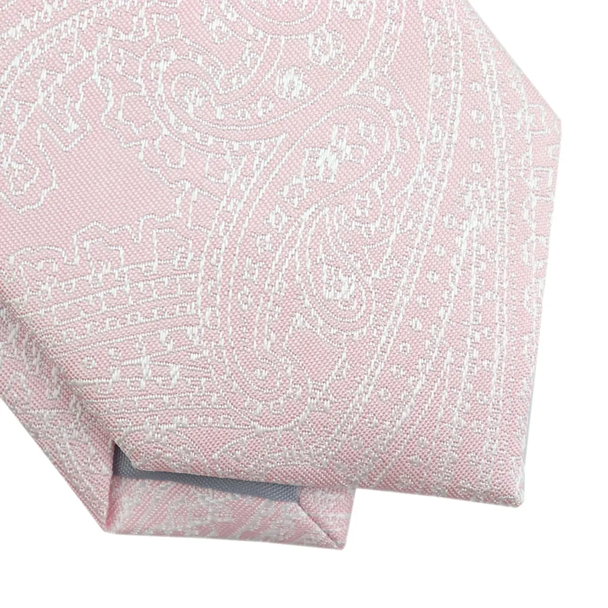 High Quality Mens Fashion Wholesale Durable 100 Polyester Jacquard Woven Skinny Slim Necktie Custom White Paisley Blush Pink Tie