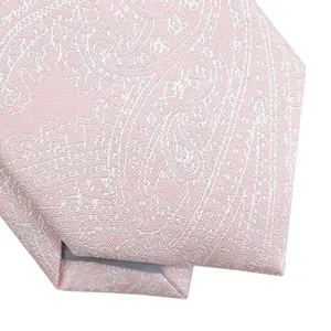 Hochwertige Herrenmode Großhandel Langlebige 100 Polyester Jacquard gewebte dünne schlanke Krawatte benutzer definierte weiße Paisley erröten rosa Krawatte