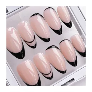 Wholesale Press On Finger Nails Private Label Packaging Box Nail Tray Almond Pink Tips Black Swirl French Clear Press On Nails