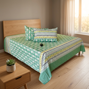 Parure de lit en coton Rang-Birangi, drap imprimé avec taies d'oreiller, motif vert traditionnel, pour usage domestique - Product Image 2