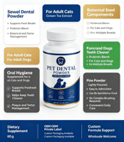 Poudre dentaire pour animaux de compagnie Chiens Chats Hygiène buccale Haleine fraîche Nettoyant pour dents Poudre probiotique aux algues Supplément OEM
