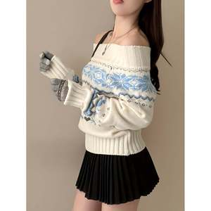Suéter de Manga Larga con Hombros Descubiertos, Azul, Tejido Jacquard Asiático, Top de Invierno para Mujer - Product Image 3