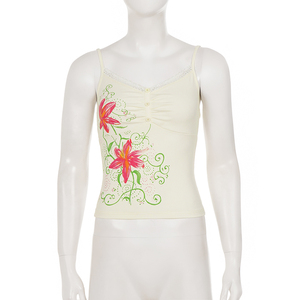 American Sweetheart Lace <b>Patchwork</b> Floral Print V Neck Camisole Ruched Button Detail Slim Fit Tank <b>Top</b> for Women - Product Image 6