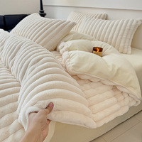 Parure de lit de luxe hiver douillet 4 pièces en flanelle rayée polaire, comprenant couette moelleuse, housse de couette, couvre-lit, drap plat et taies d'oreiller