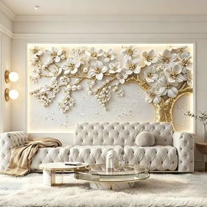 Murale da Parete di Lusso con Rami Dorati in Rilievo 3D e Fiori Bianchi, Decorazione Moderna per <span class=keywords><strong>Soggiorno</strong></span> e Sfondo TV Personalizzabile - Product Image 1