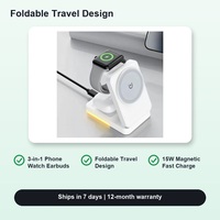 Station de charge sans fil magnétique pliable 3 en 1 pour téléphone, montre et écouteurs 15W avec veilleuse