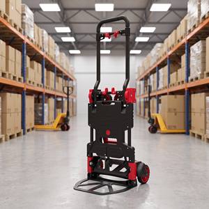 <b>Foldable</b> Hand Cart With Four Wheels Red Plastic Platform <b>Trolley</b> For Shopping And Household Use - Product Image 2
