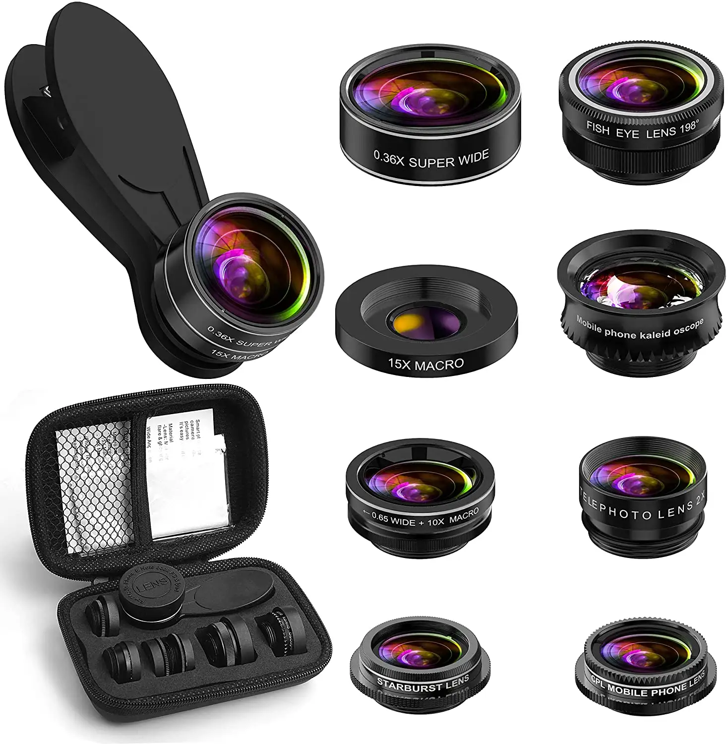 hot amazon cell phone accessories zoom wide angle camera 9 in 1 lens kit for mobile phone camera lens