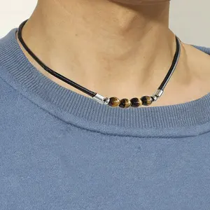 Simple Trendy Leather Rope Clavicle Chain Necklace for Men Tiger Eye Stone Beaded Necklaces Jewelry Mens' Accessories