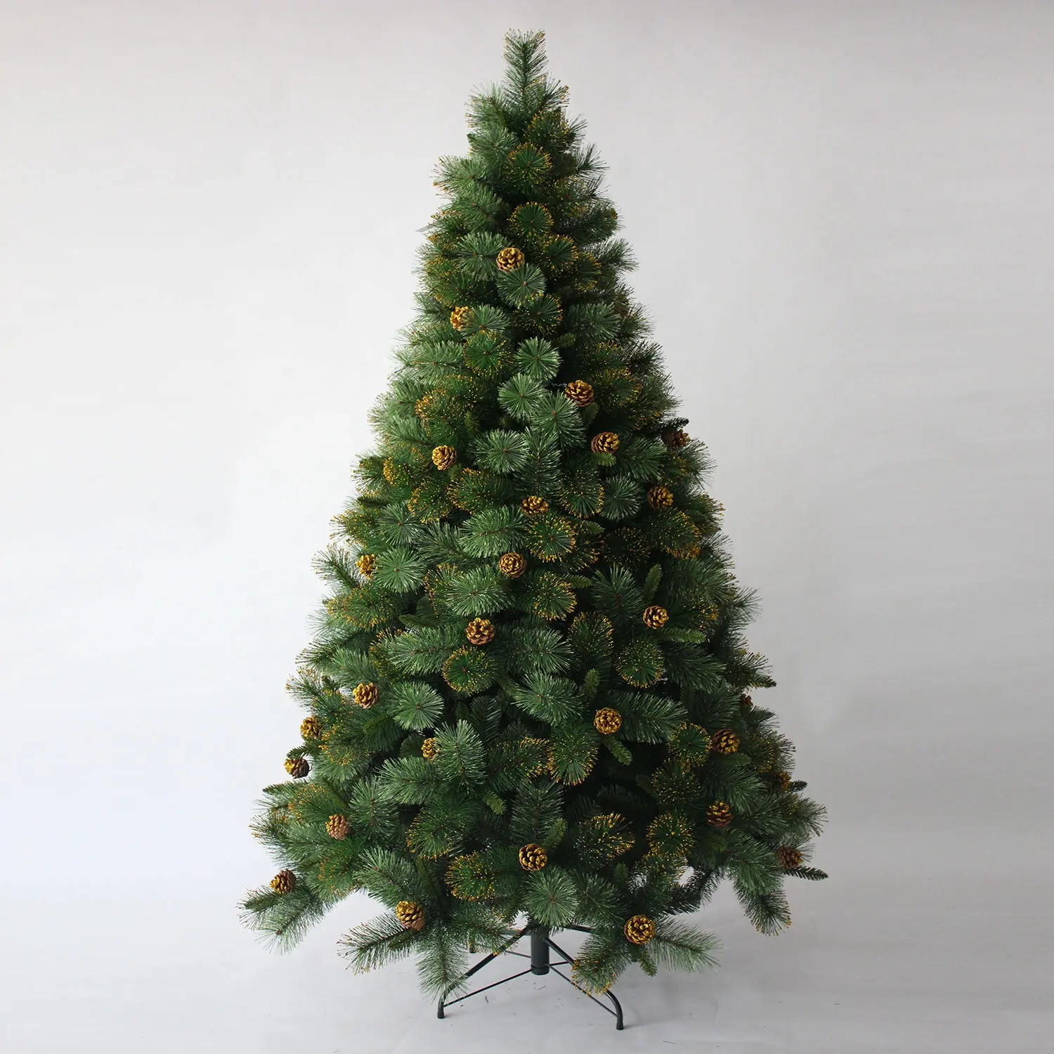 Premium Unlit Artificial Hinged Fat Green Pine Christmas Tree with Gold Glitter Pinecones