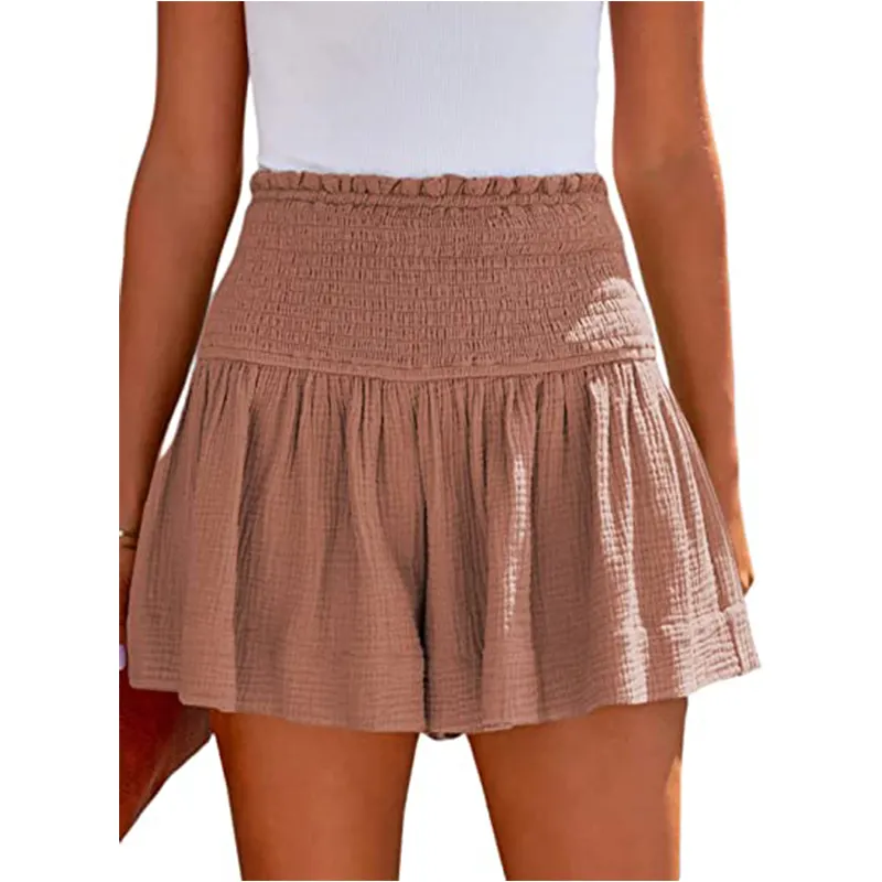 Womens Shorts Cotton High Elastic Waisted Pleated Ruffle Cute Shorts Beach Flowy Casual Shorts