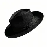 Black Striped <b>Fedora</b> <b>Hat</b> Adjustable Brim Wool Blend Unisex Bowknot Band Casual Outdoor Travel Cap - Product Image 3