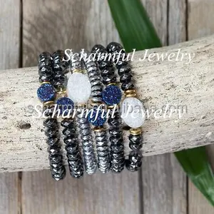 SL0181071 Titanium Blue Druzy Hematite Beads Natural Stone Beaded Mens Bead Bracelets