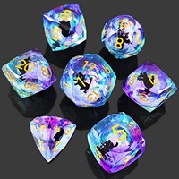 Ensemble de dés polyédriques en résine à cœur liquide, faits à la main, de forme de coupe de gemme unique, motif chat, 7 pièces, pour jeu DND