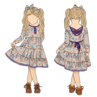 Gaun Anak Perempuan Motif Bunga Vintage Lembut Nyaman dengan Ruffle, 3 Kancing Depan, Tali Serut Belakang, dan Tali Silang di Belakang