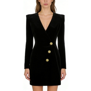 Vestido de Traje Negro para Mujer - Vestido Formal Cruzado con Botones Dorados, Vestidos de Moda - Product Image 1