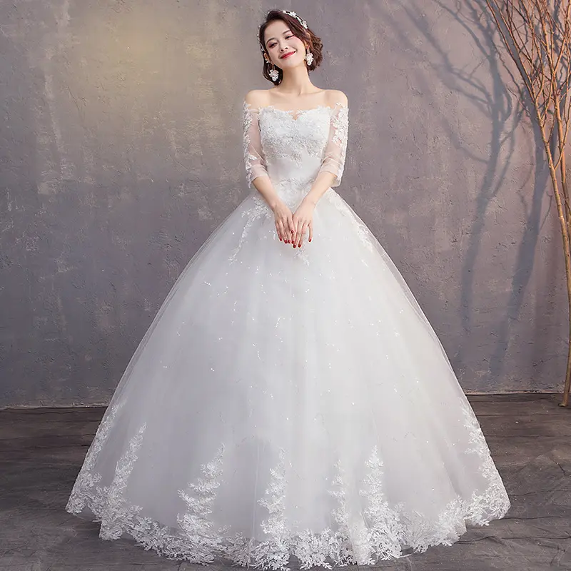 Dacron Dress Lace Long Sleeve Wedding Dresses White New 2021Women Plain Summer Winter Bride Classic