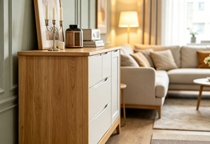 Armoire de rangement moderne en bois massif avec 3 tiroirs, porte à panneau plat, design scandinave pour l'entrée et le salon - Product Image 2