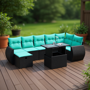 Set Divano da Giardino in Polyrattan Nero con Cuscini, Arredamento da Esterno 8 Pezzi - Product Image 2