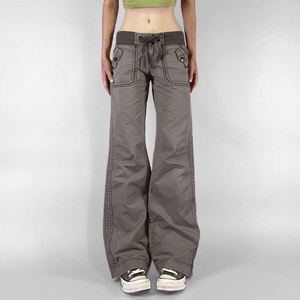 Y2K Grunge Low Rise Straight Breathable <b>Jeans</b> for <b>Women</b>-Distressed Drawstring Tie Casual Street - Product Image 1