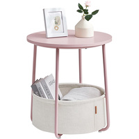 Petite table d'appoint ronde, table de chevet moderne avec panier en tissu, blanc mat et brun camel