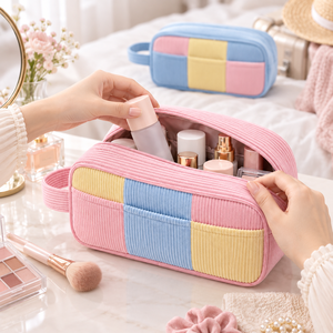 Cosmetiktas van corduroy met eigen logo, kleurblokken, draagbaar opbergtasje voor reizen met handvat voor vrouwen - Product Image 5