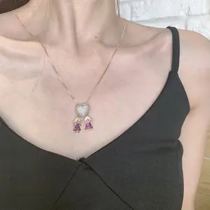 Custom Fashion Fine Jewelry Fulled Diamond Inlay Colorful Zircon Cute Doll Pendant Personalized Love Heart Necklace For Women