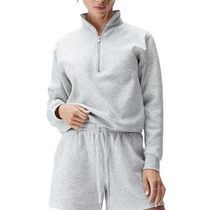 Suéter en blanco de manga larga para mujer, jersey de calle de algodón con media cremallera, sudadera Polo cómoda con cuello levantado de otoño gris para niñas - Product Image 1