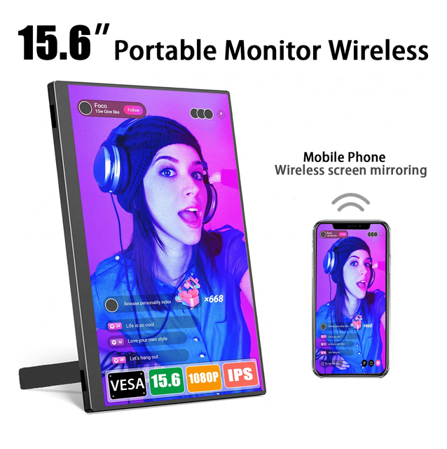 15.6 Inch Wireless Display Portable Monitor Wifi Support Mirroring for Phone for Laptops Wireless PC New Display 178°Adjustable