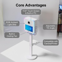 Machine de photomaton en métal pour selfies, écran tactile réglable à 15,6 pouces, bande lumineuse LED, pour mariages, locations, événements professionnels