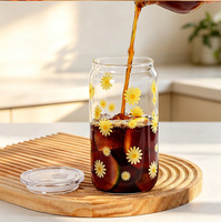 Gobelet réutilisable en verre borosilicate de 500 ml avec motif marguerite mignon, couvercle en plastique et paille en verre, idéal pour café glacé, boissons et lait