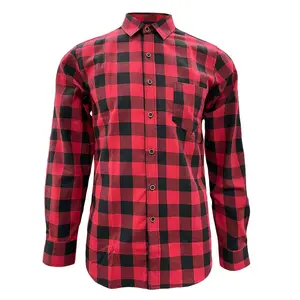 Custom Logo Men's 100% Cotton Black Red Retro Button Down Long Sleeves Vintage Regular Fit Casual Flannel Plaid Shirt