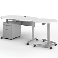 Nouveau design combinant bureau d'enseignant et armoire, mobilier de bureau réglable en hauteur, table rotative en bois cintrée avec roulettes