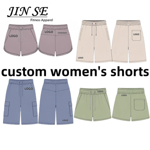 Shorts de sport décontractés pour femme avec logo personnalisé, en polyester/coton tricoté, taille mi-haute, cordon de serrage, poches, 160g, vêtements de sport - Product Image 1