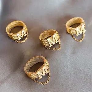 18k Gold Plated Stainless Steel Jewelry Hip Hop Mom Initial M Letter Rings Link Chain Tassel Index Finger Ring Women