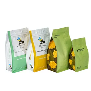 Borsa da imballaggio in chicchi di caffè stampati su piastra di rame personalizzata a prova di odore sacchetti di plastica con fondo quadrato