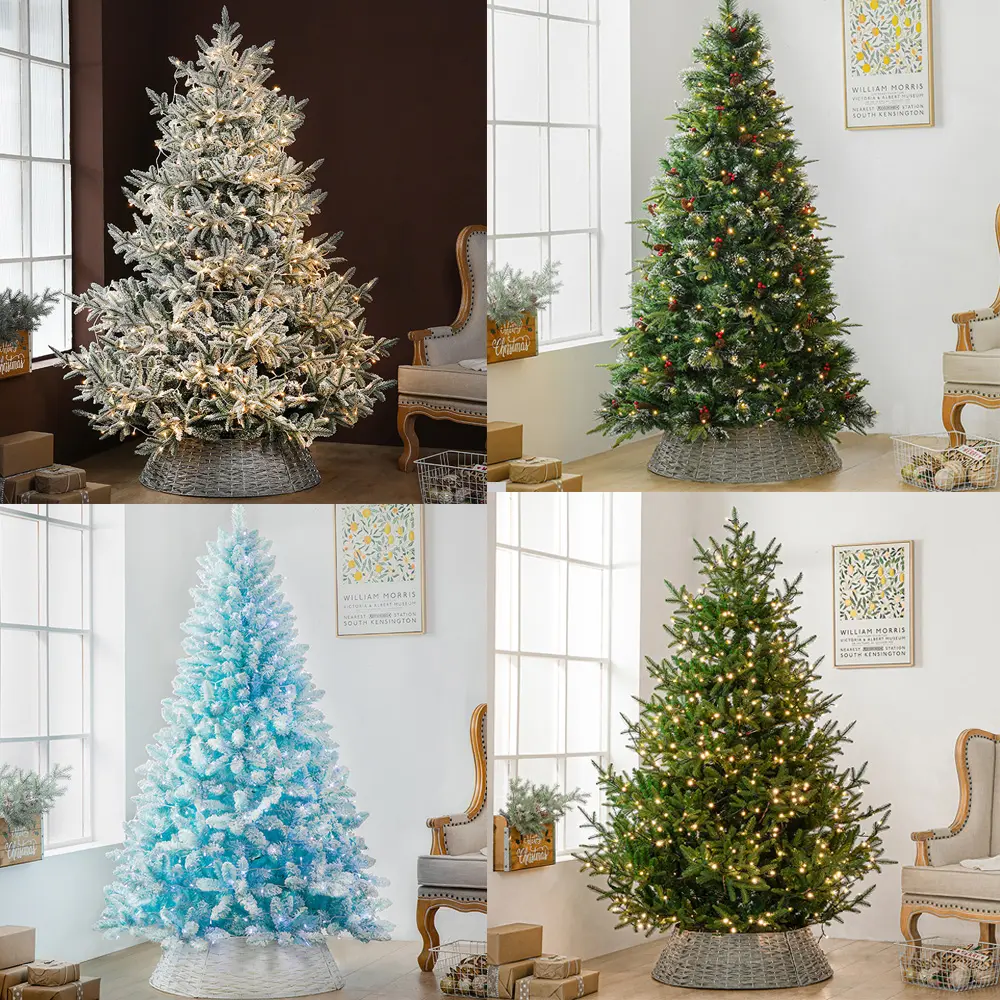 Decoración familiar Decoraciones artificiales para árboles de Navidad Pre Lite Árbol de Navidad de nieve Flocado Árbol de Navidad con soporte de metal