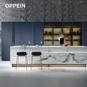 Armoires de cuisine OPPEIN de luxe haut de gamme de style moderne en laque bleue avec plan de travail en céramique frittée - Product Image 3