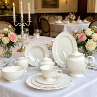 Assiette en céramique gaufrée de style français, service de table, tasse à café et soucoupe, assiette à soupe ovale, assiette plate à bord dentelé